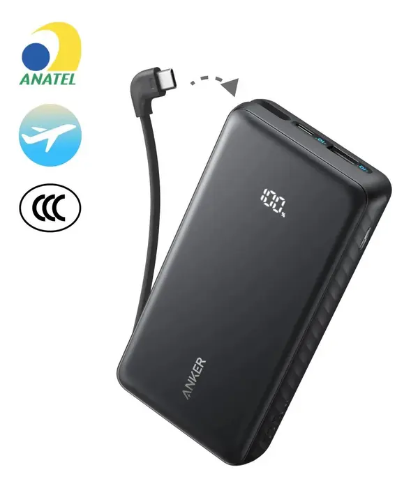 Carregador Portátil Power Bank Anker 20000mAh Carga Turbo 22.5W Cabo USB-C Integrado Para iPhone 17/16/15/14, Samsung Galaxy, Motorola, Xiaomi, Poco,