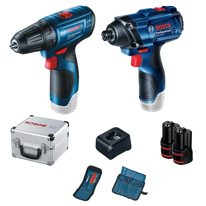 Combo Chave de Impacto GDR 120-LI 1/4 Pol. 12V Parafusadeira GSR 120-LI 3/8 Pol. 12V com 2 Baterias 2.0Ah Carregador Bivolt e Maleta com Acessórios BO